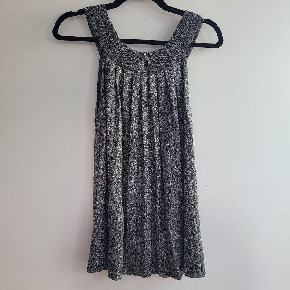 Silver metallic high neck sleeveless flowy tank maximalist glam feminine